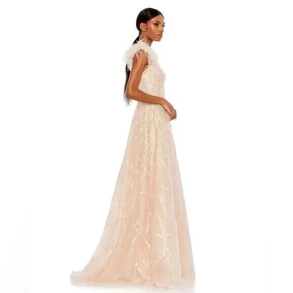 Mac Duggal Embellished One Shoulder Feather Accent Dress Sz‎ 2 Peach $798 NEW - Picture 4 of 9